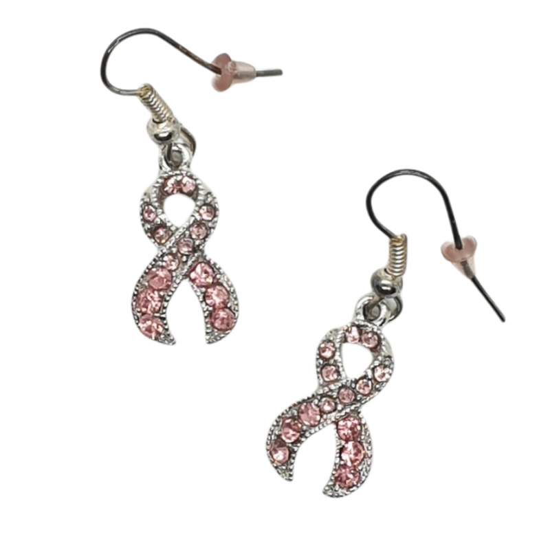 Pink Ribbon (Borstkanker)oorbellen met roze strass steentjes